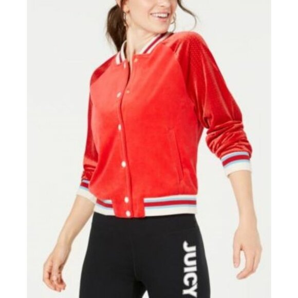 NWT JUICY COUTURE BLACK LABEL L RED MESH TRACK BOMBER POCKET GRAPHIC JACKET $198
